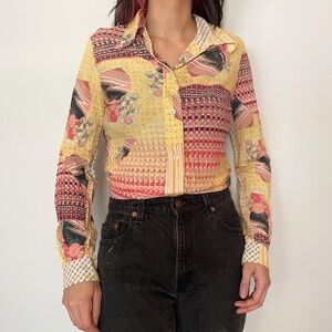 Yellow & Pink Printed Long-Sleeve Button-Up Top